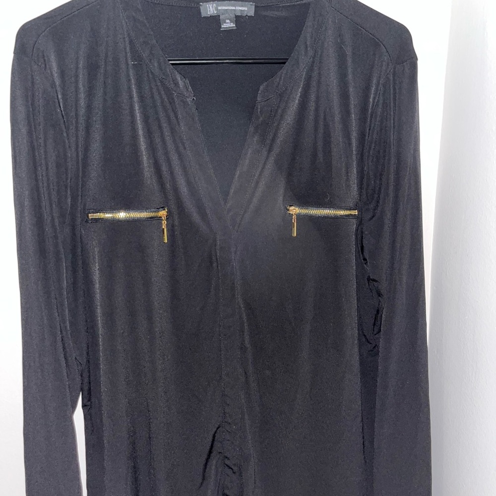 INC International Concepts Black Blouse with Gold Zipper Accents
